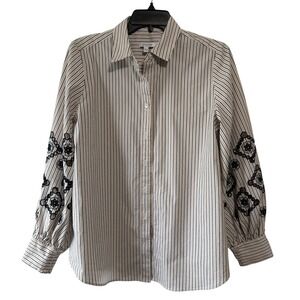 Chico's Striped Button Down Shirt Embroidered Sleeve Blouse Women's